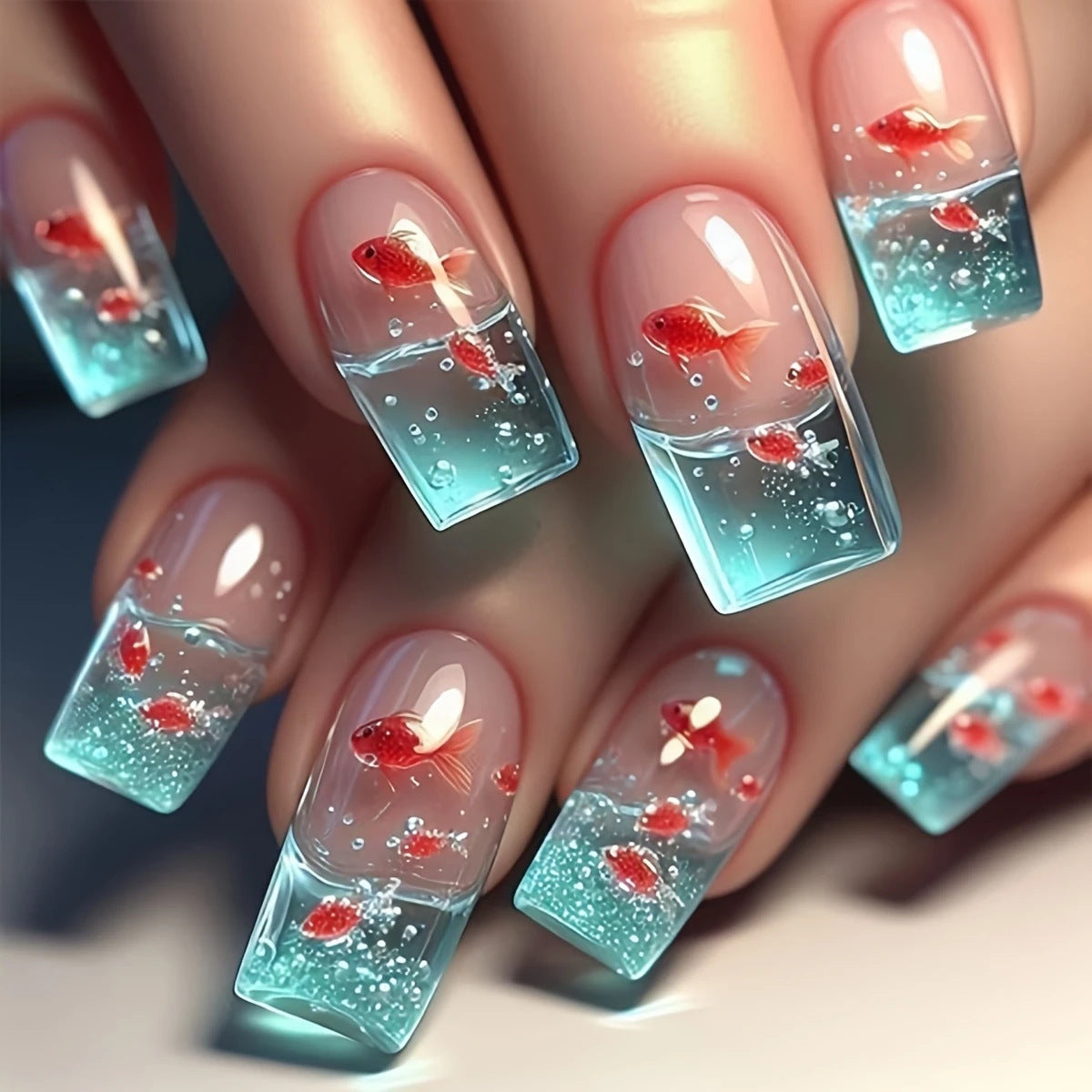 Square Underwater Elements Smart Colorful Goldfish Glazed Wearable Nails – 24Pcs Removable Manicure Set