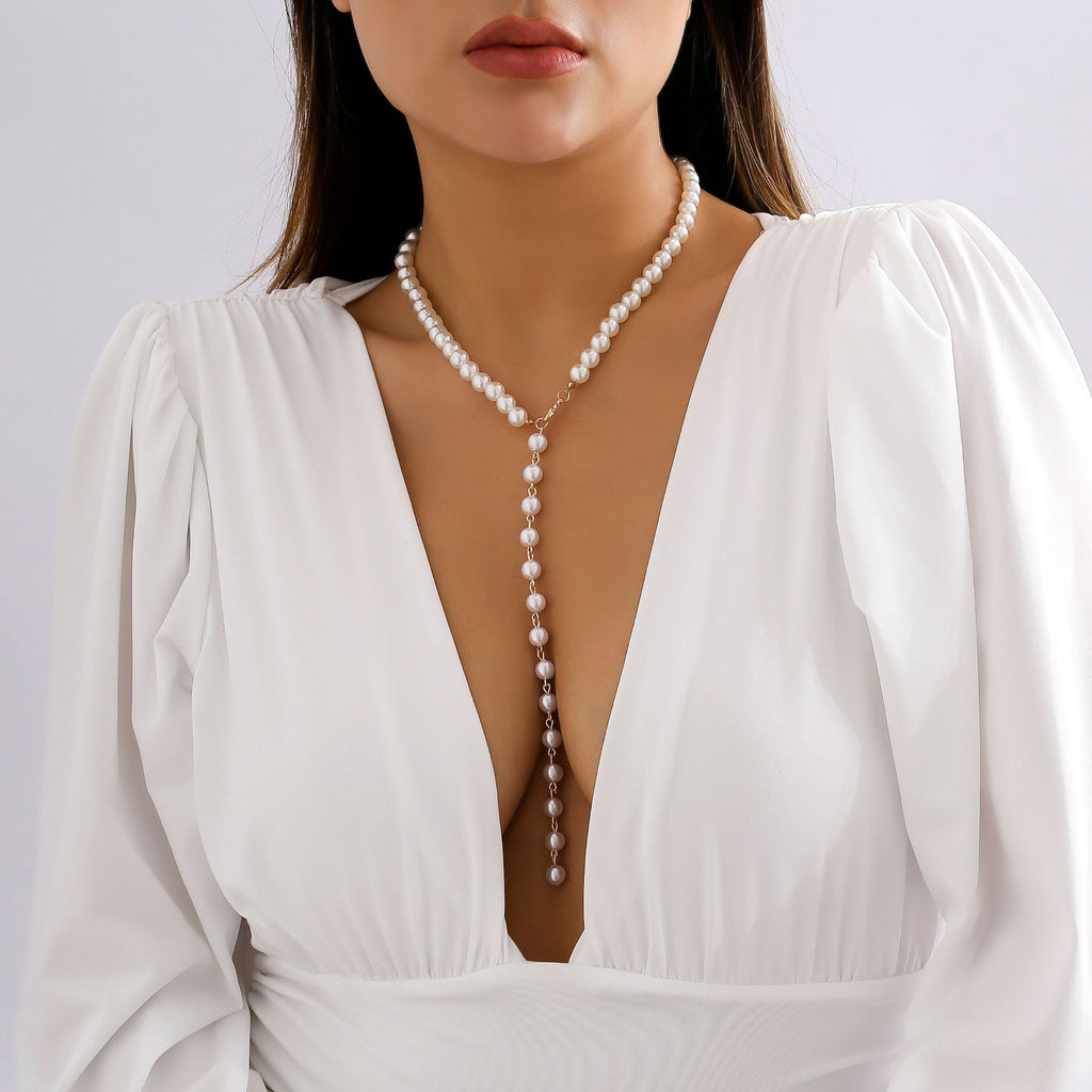 Retro Long Beaded Tassel Necklace – Elegant Imitation Pearl Chain