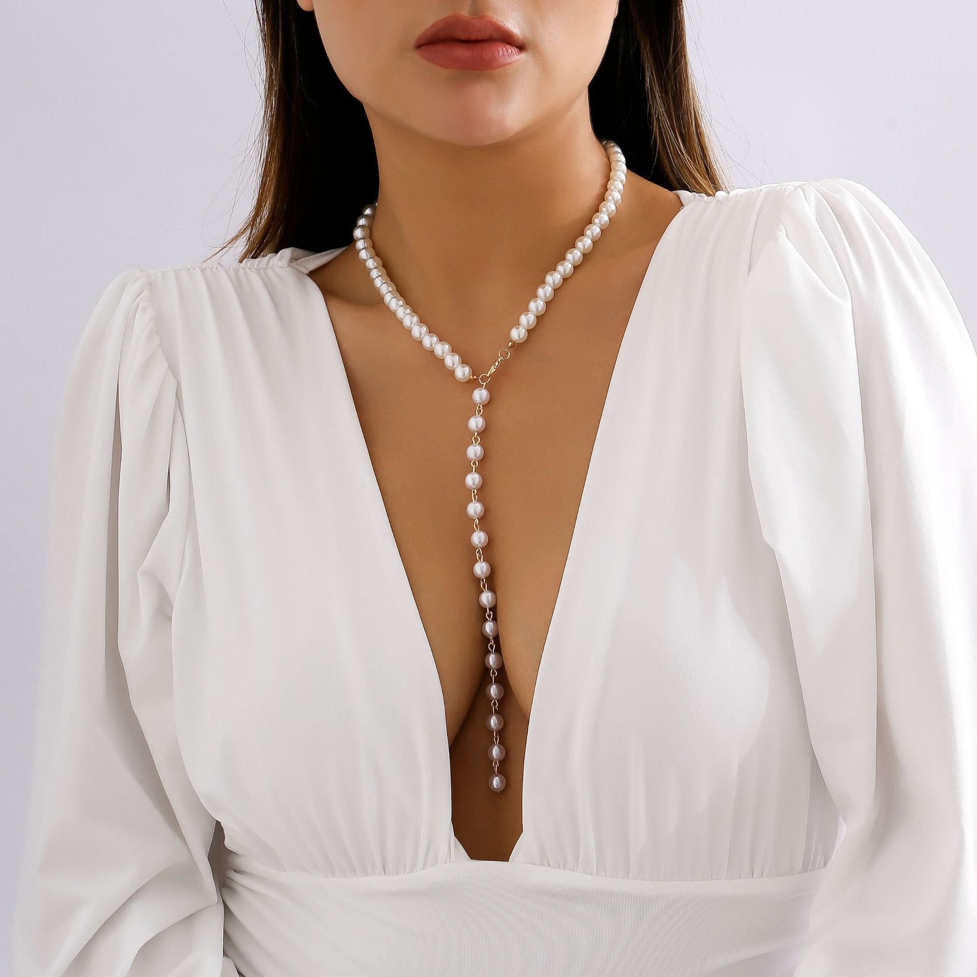 Retro Long Beaded Tassel Necklace – Elegant Imitation Pearl Chain