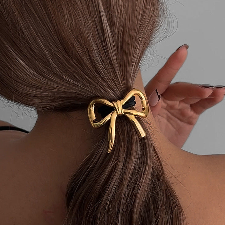 Elegant Ponytail Hair Ring – Metallic Bow & Flower Design