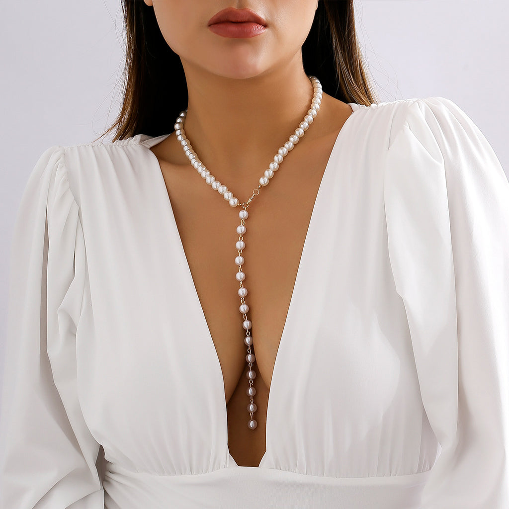 Retro Long Beaded Tassel Necklace – Elegant Imitation Pearl Chain