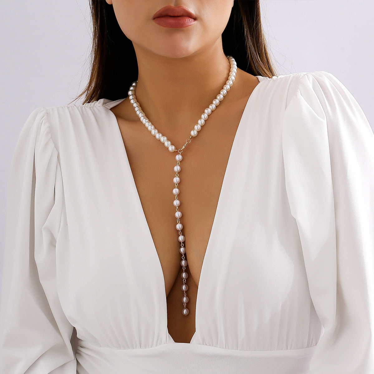 Retro Long Beaded Tassel Necklace – Elegant Imitation Pearl Chain