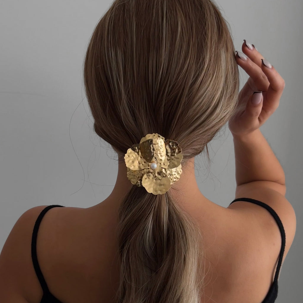 Elegant Ponytail Hair Ring – Metallic Bow & Flower Design