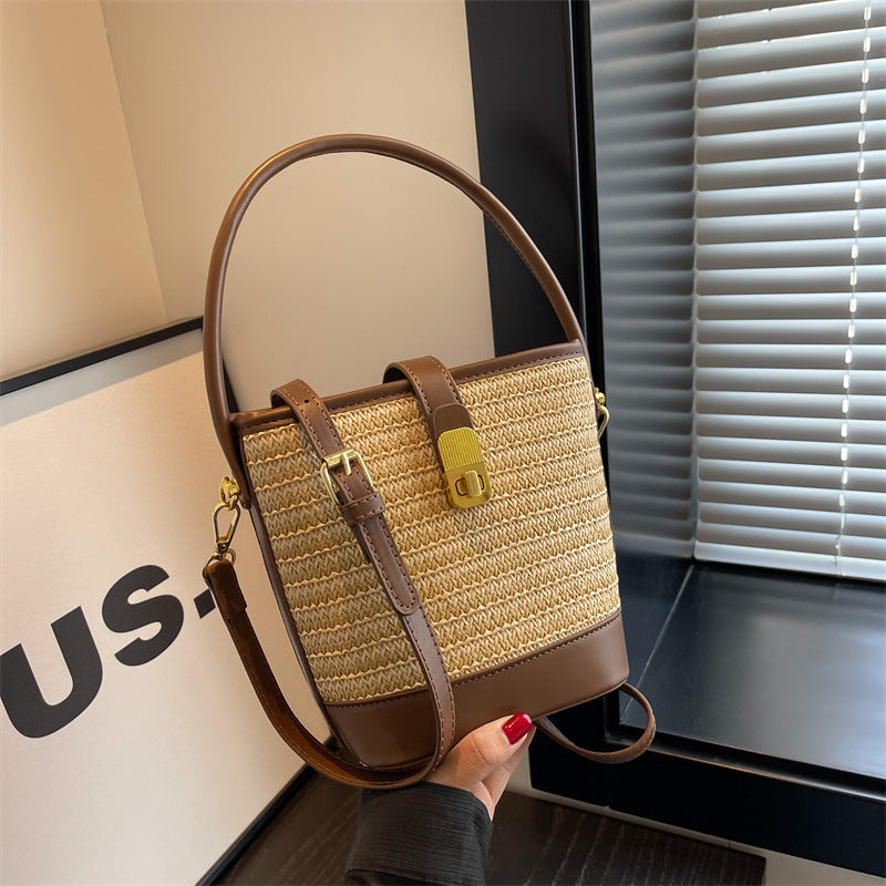 Fashion Portable Woven Crossbody Bucket Bag – Summer Straw Shoulder Bag