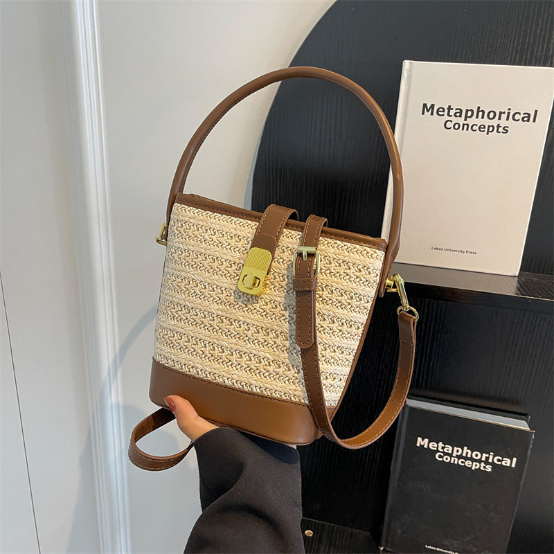Fashion Portable Woven Crossbody Bucket Bag – Summer Straw Shoulder Bag