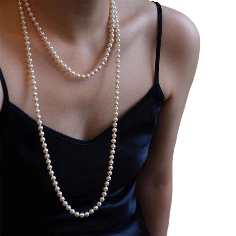 Elegant Long Pearl Necklace – Timeless Double-Layer Retro Design
