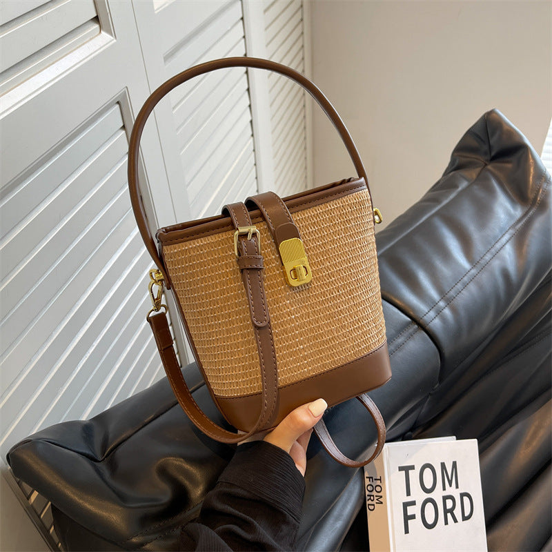 Fashion Portable Woven Crossbody Bucket Bag – Summer Straw Shoulder Bag