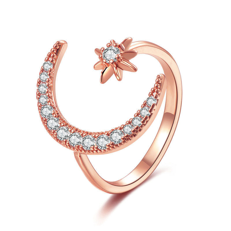 Star & Moon Adjustable Ring – Elegant Crescent Design with Crystals