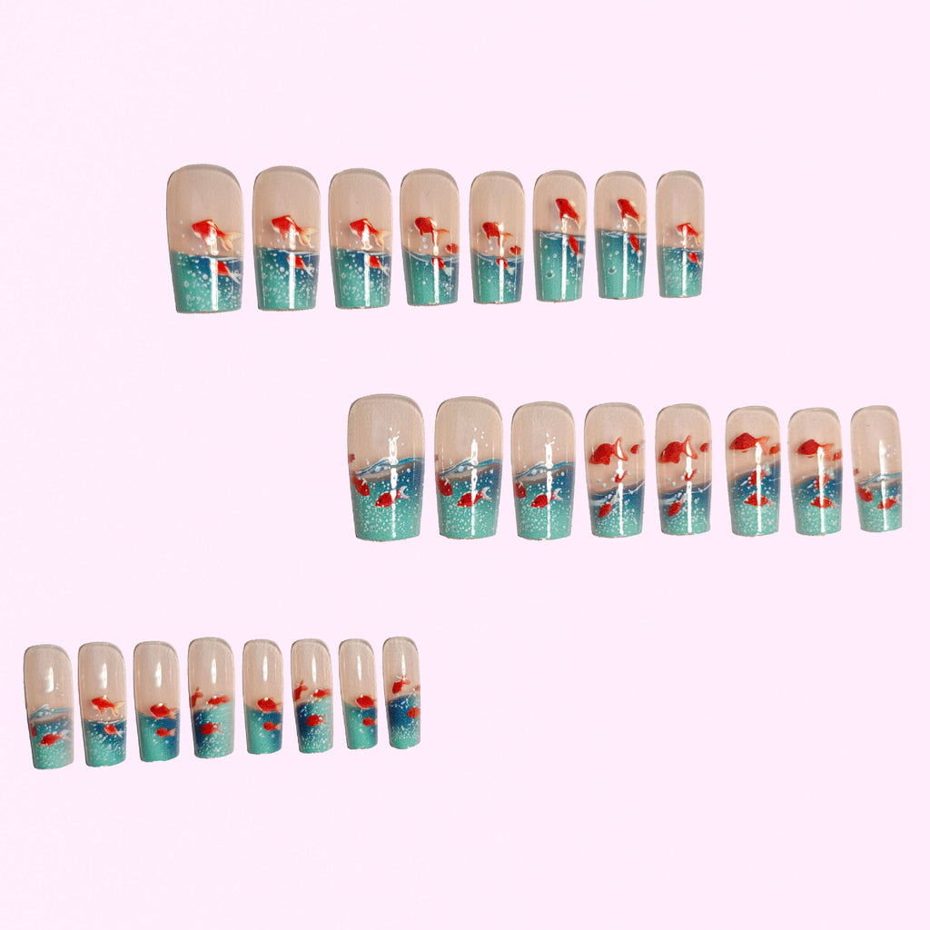 Square Underwater Elements Smart Colorful Goldfish Glazed Wearable Nails – 24Pcs Removable Manicure Set