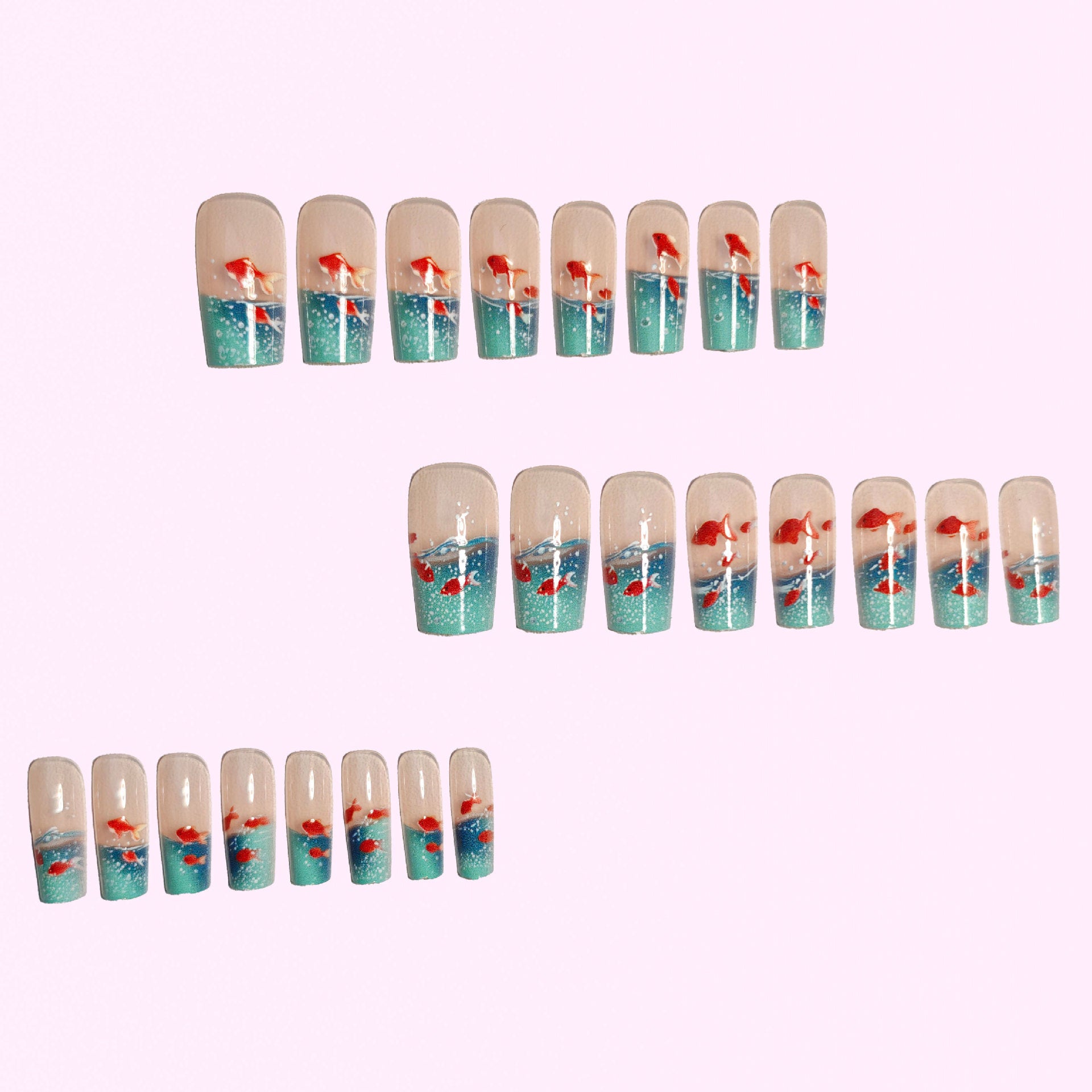 Square Underwater Elements Smart Colorful Goldfish Glazed Wearable Nails – 24Pcs Removable Manicure Set