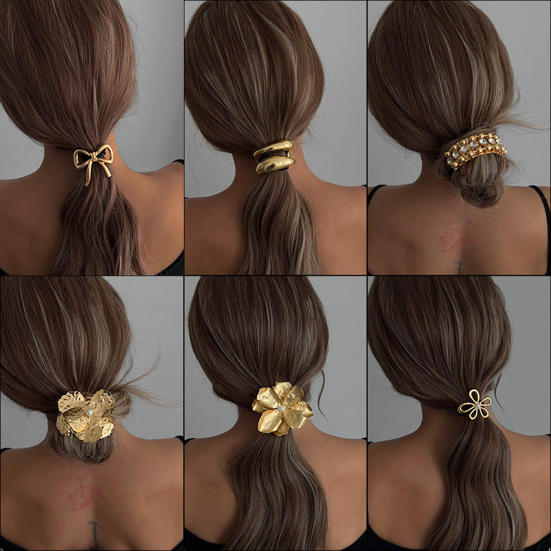 Elegant Ponytail Hair Ring – Metallic Bow & Flower Design