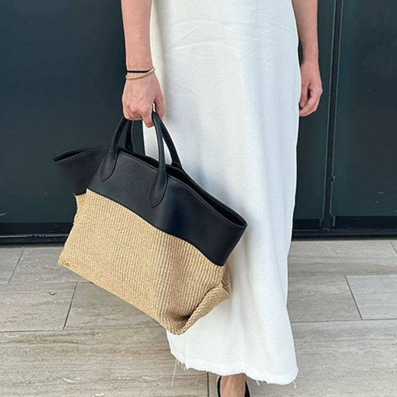 New Beach Bag Fashionable Holiday Style Contrast Color Stitching Straw Bag – Large Capacity Tote