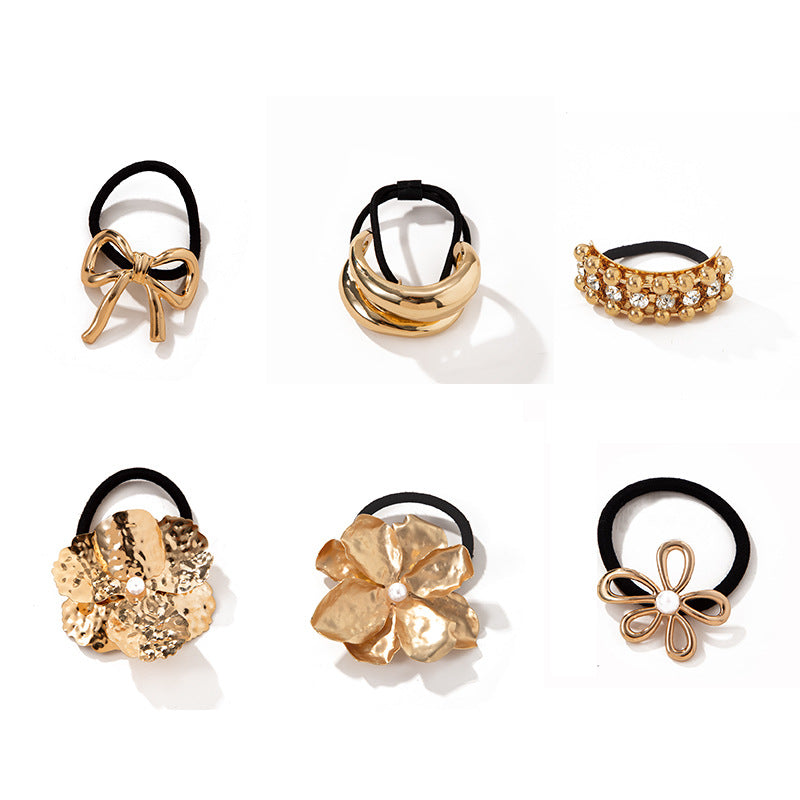 Elegant Ponytail Hair Ring – Metallic Bow & Flower Design