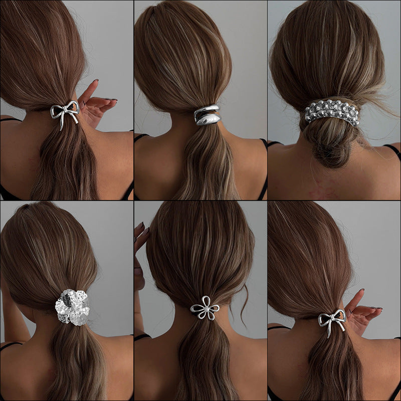 Elegant Ponytail Hair Ring – Metallic Bow & Flower Design