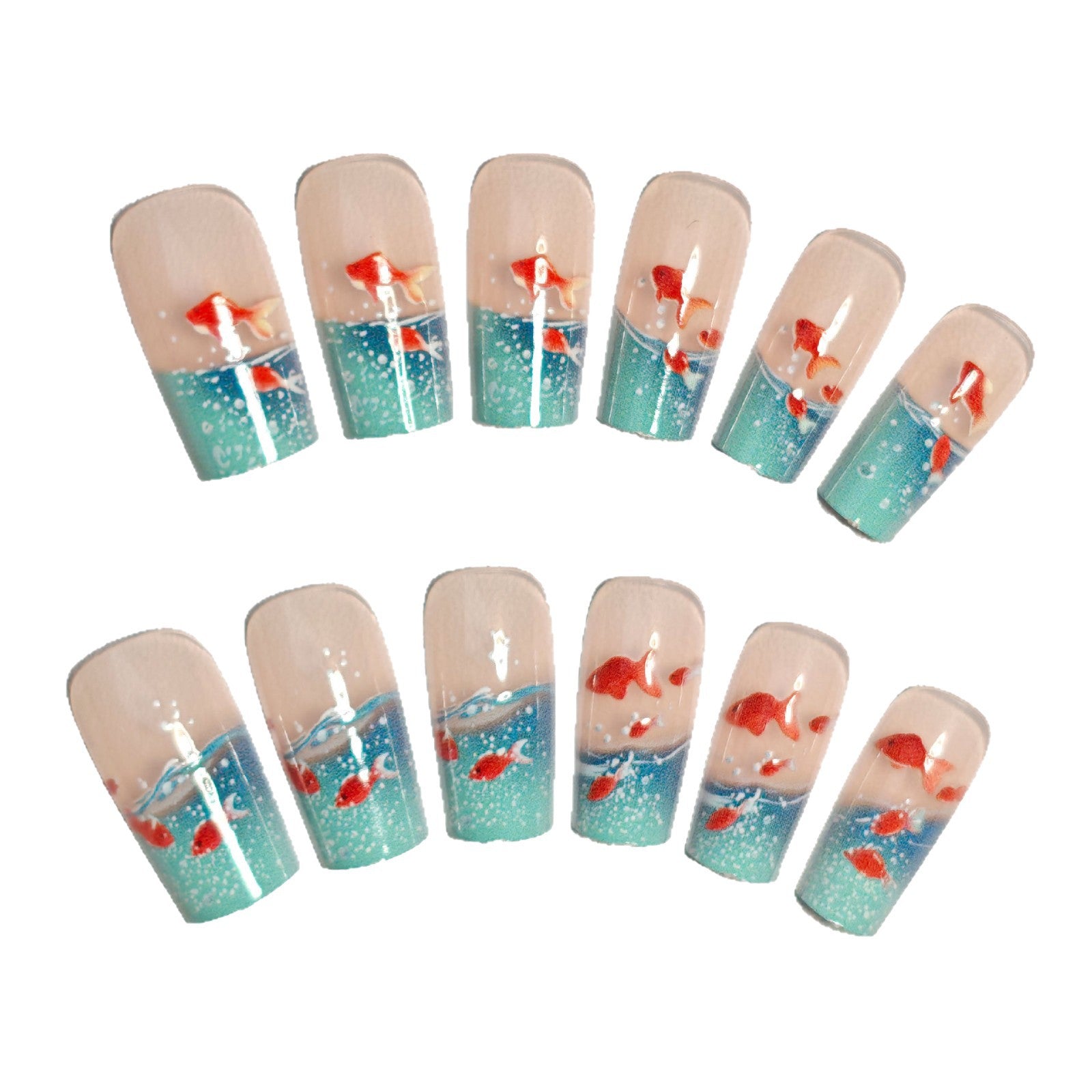 Square Underwater Elements Smart Colorful Goldfish Glazed Wearable Nails – 24Pcs Removable Manicure Set
