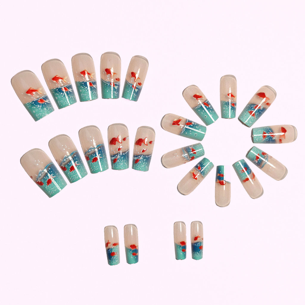 Square Underwater Elements Smart Colorful Goldfish Glazed Wearable Nails – 24Pcs Removable Manicure Set