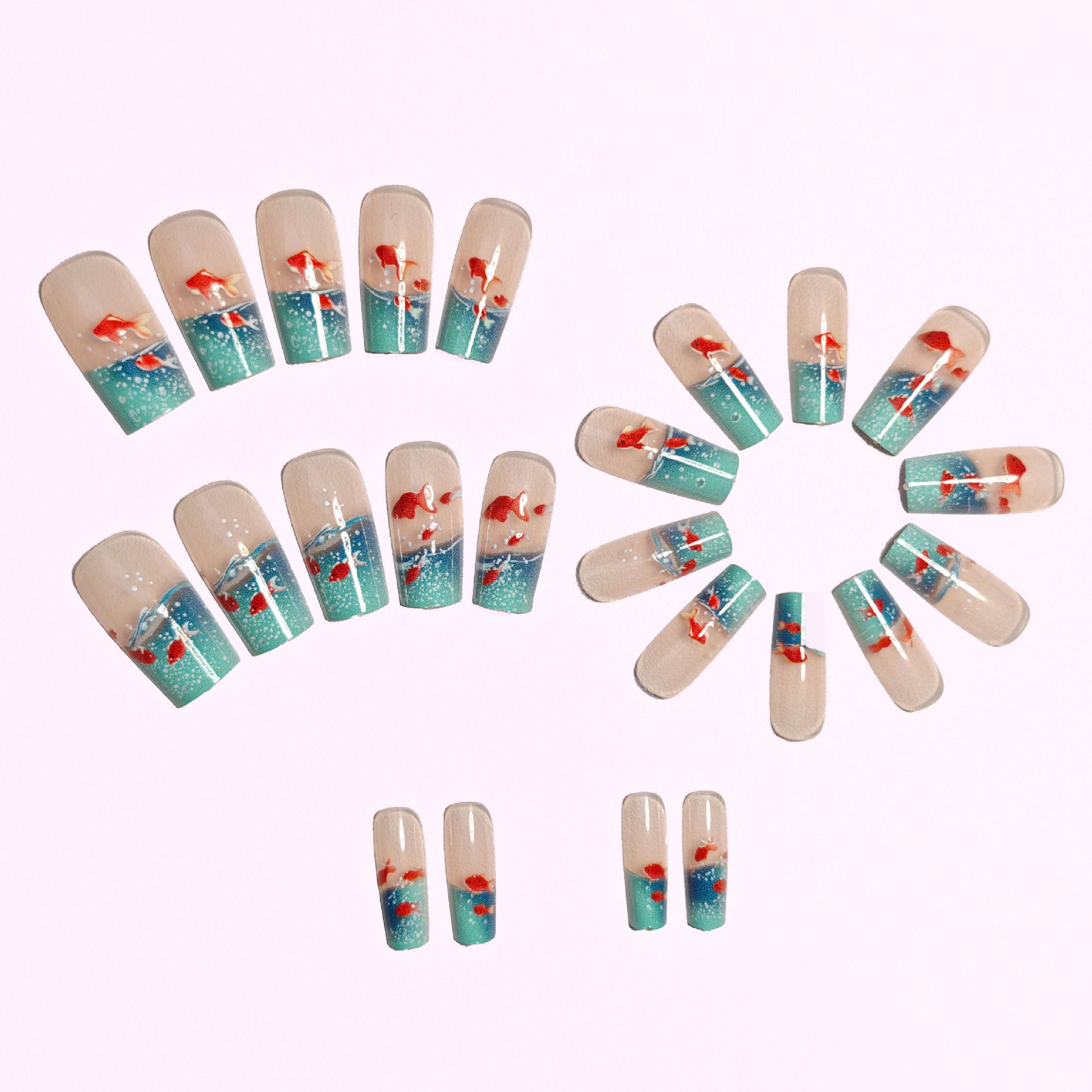 Square Underwater Elements Smart Colorful Goldfish Glazed Wearable Nails – 24Pcs Removable Manicure Set