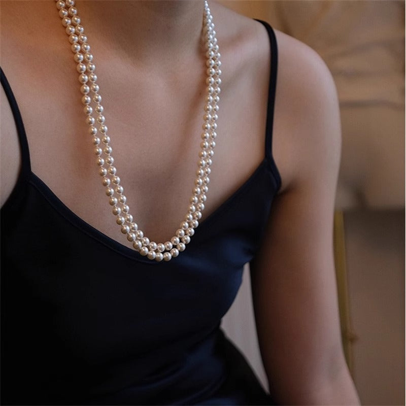 Elegant Long Pearl Necklace – Timeless Double-Layer Retro Design
