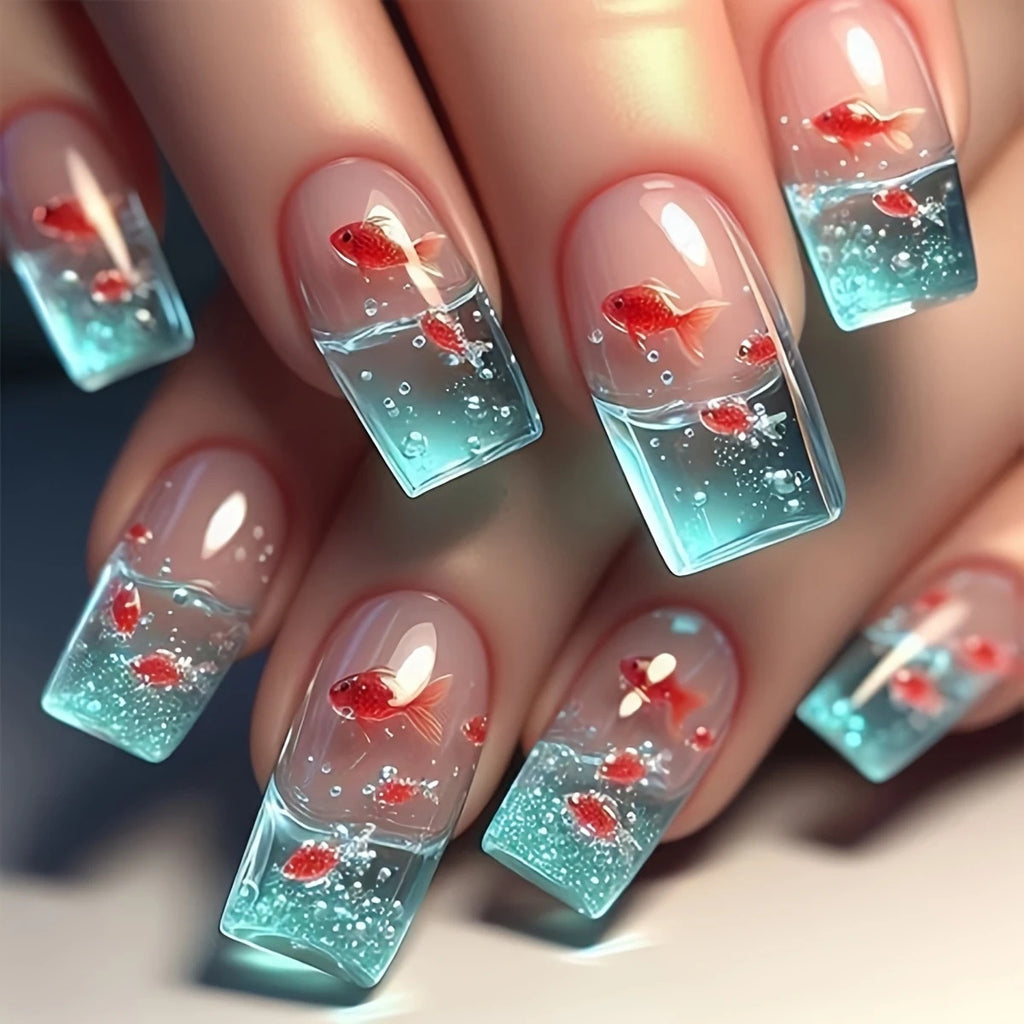 Square Underwater Elements Smart Colorful Goldfish Glazed Wearable Nails – 24Pcs Removable Manicure Set