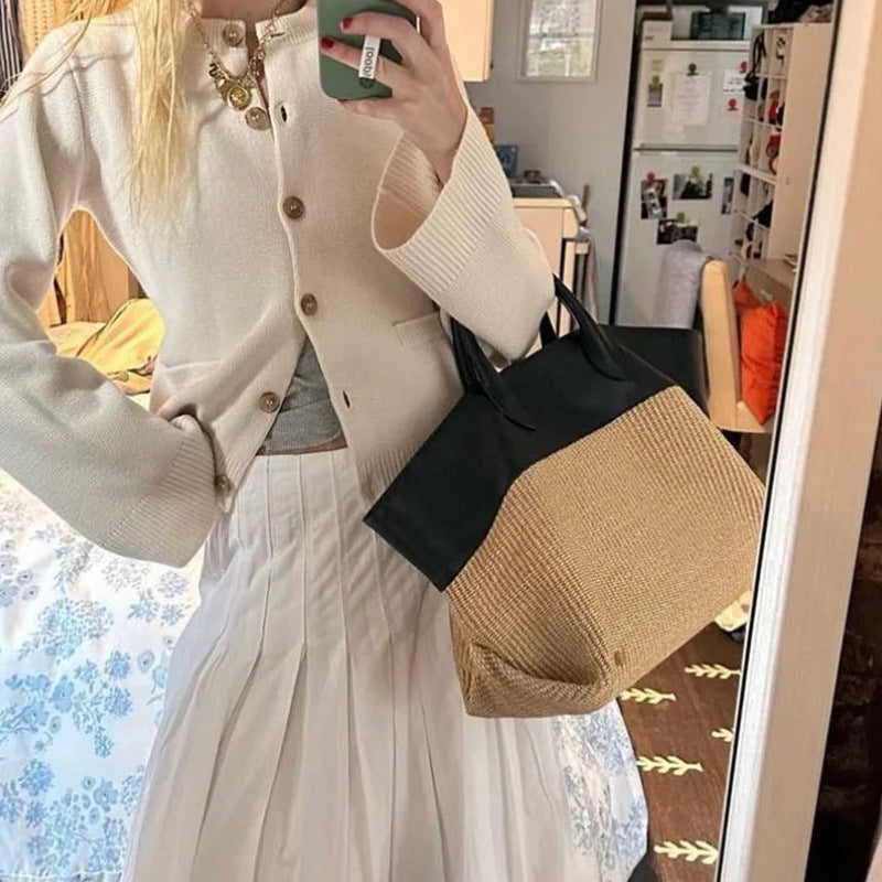 New Beach Bag Fashionable Holiday Style Contrast Color Stitching Straw Bag – Large Capacity Tote