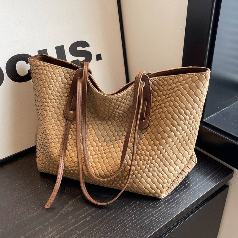 Large Capacity Woven Tote Bag – Retro Korean Style Shoulder Bag