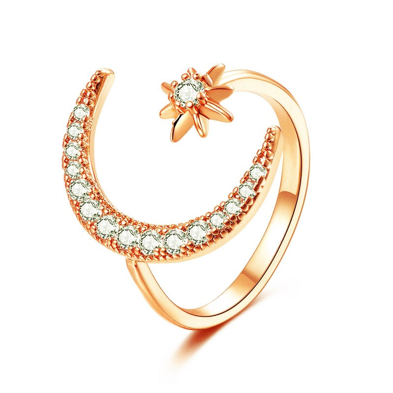 Star & Moon Adjustable Ring – Elegant Crescent Design with Crystals
