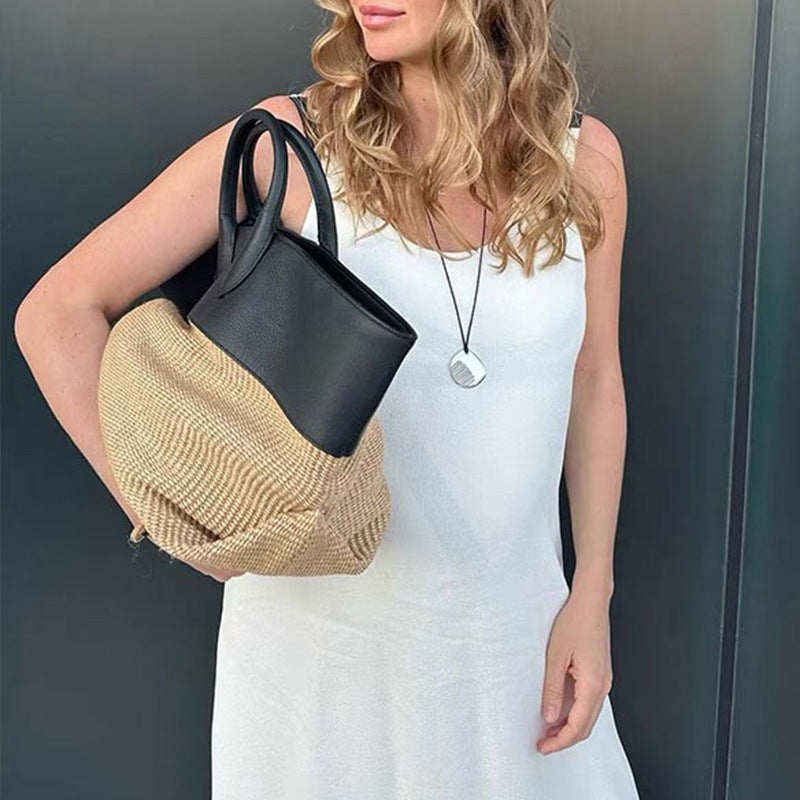 New Beach Bag Fashionable Holiday Style Contrast Color Stitching Straw Bag – Large Capacity Tote