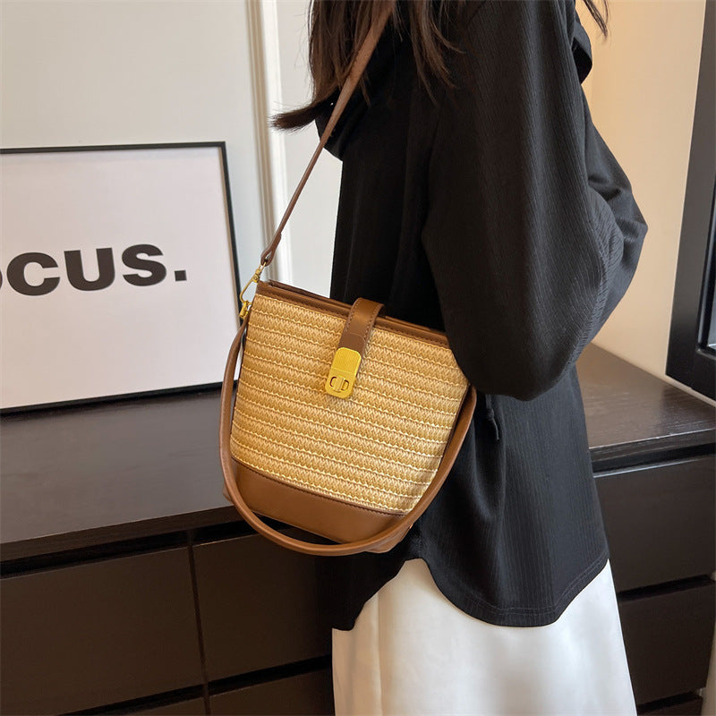 Fashion Portable Woven Crossbody Bucket Bag – Summer Straw Shoulder Bag