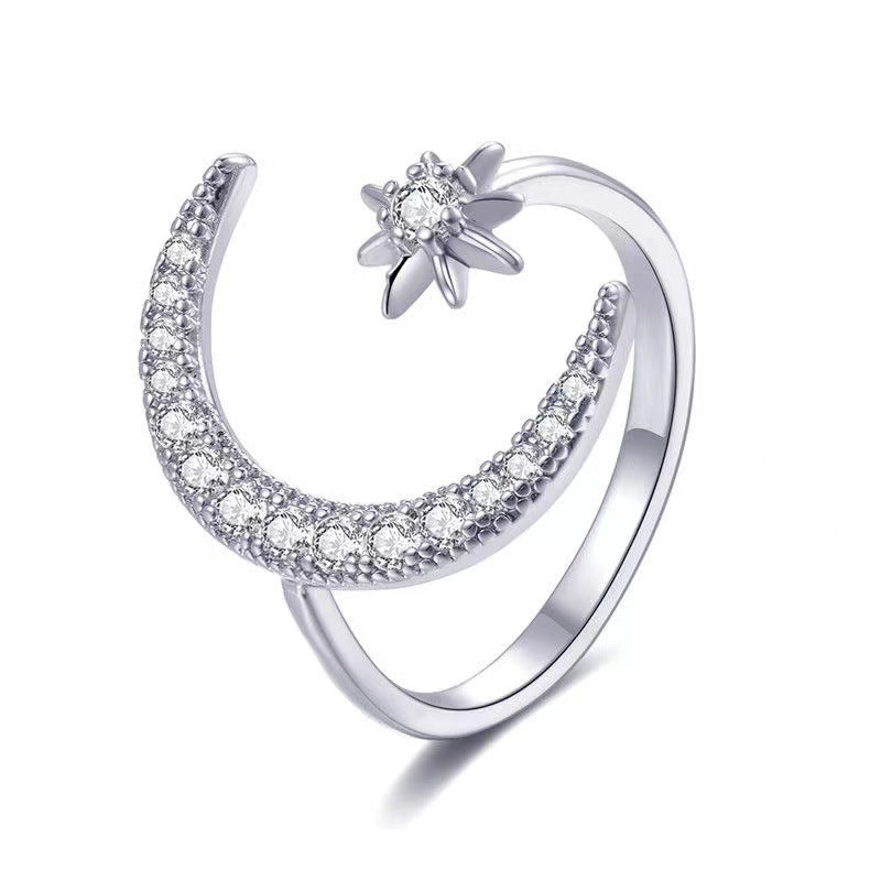 Star & Moon Adjustable Ring – Elegant Crescent Design with Crystals