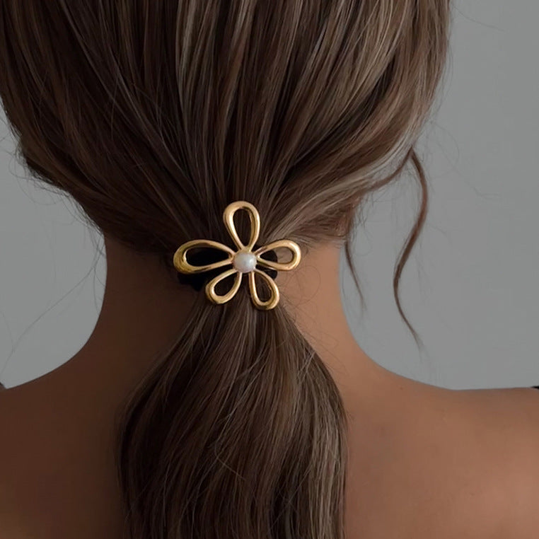 Elegant Ponytail Hair Ring – Metallic Bow & Flower Design