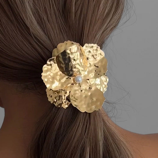 Elegant Ponytail Hair Ring – Metallic Bow & Flower Design
