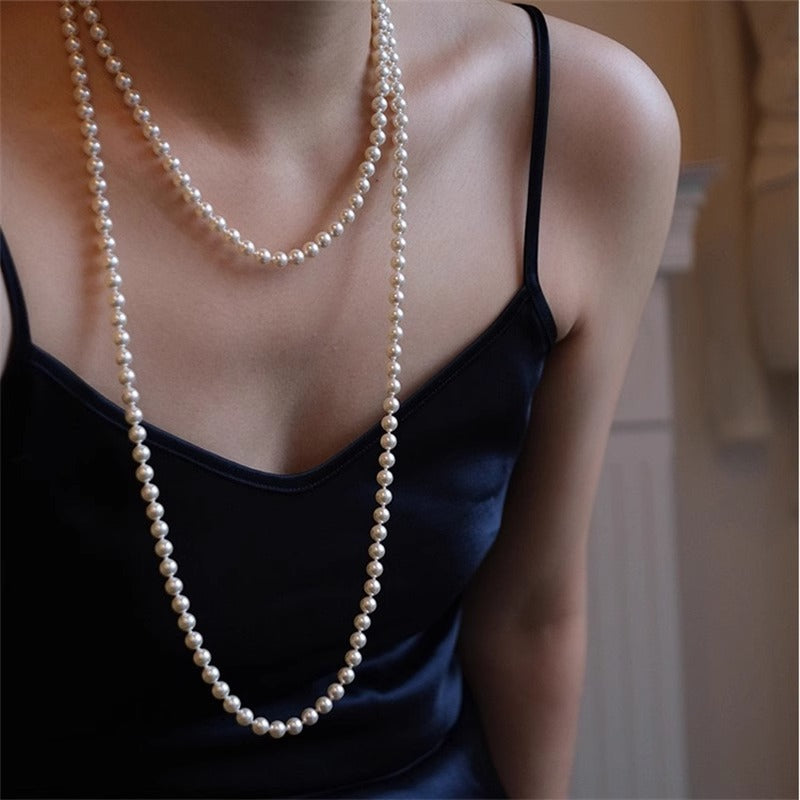 Elegant Long Pearl Necklace – Timeless Double-Layer Retro Design