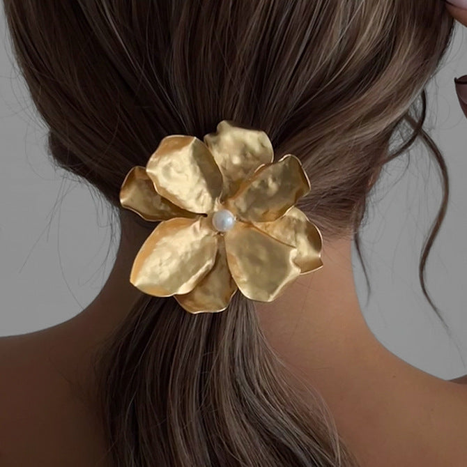 Elegant Ponytail Hair Ring – Metallic Bow & Flower Design